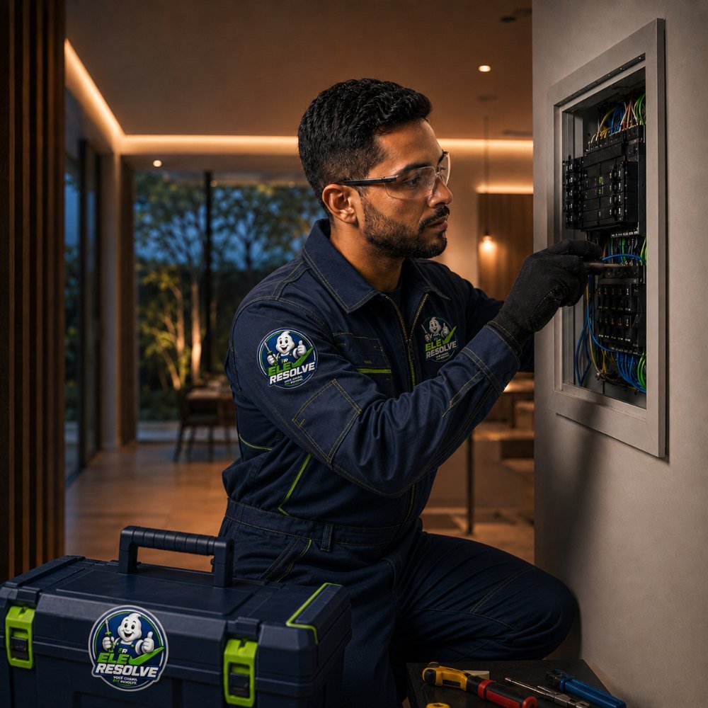 Retrato do profissional responsável pela ELE RESOLVE, de uniforme e óculos de segurança